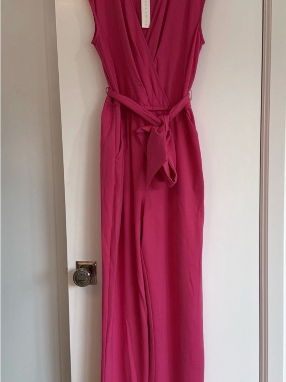 NWT Trina Turk Pink Wide Leg Jumpsuit Size L Wrap Front Tie Waist $275